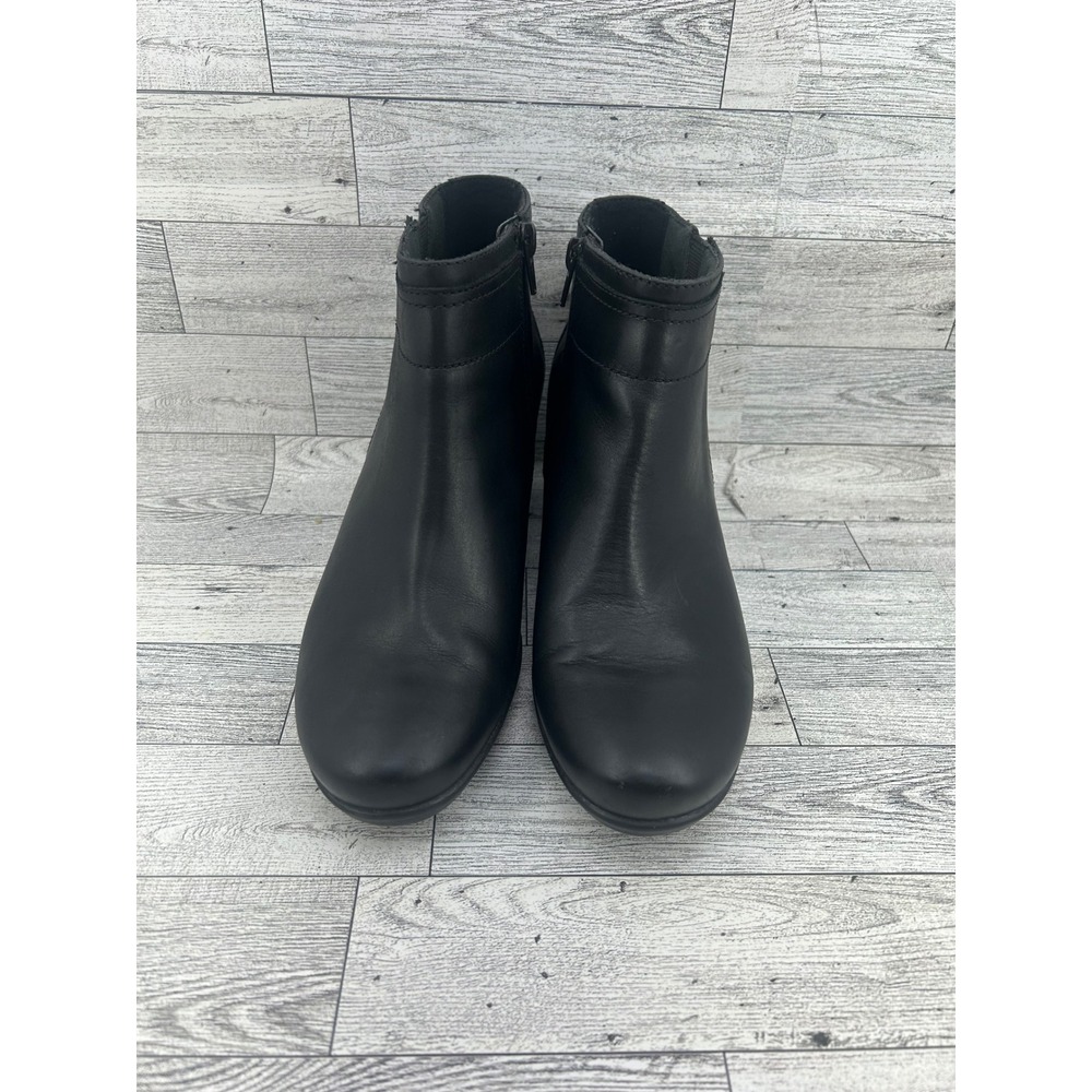 Clarks Collection Black Leather Ankle Boots Block‎ Heel Side Zip Women Sz 8.5M